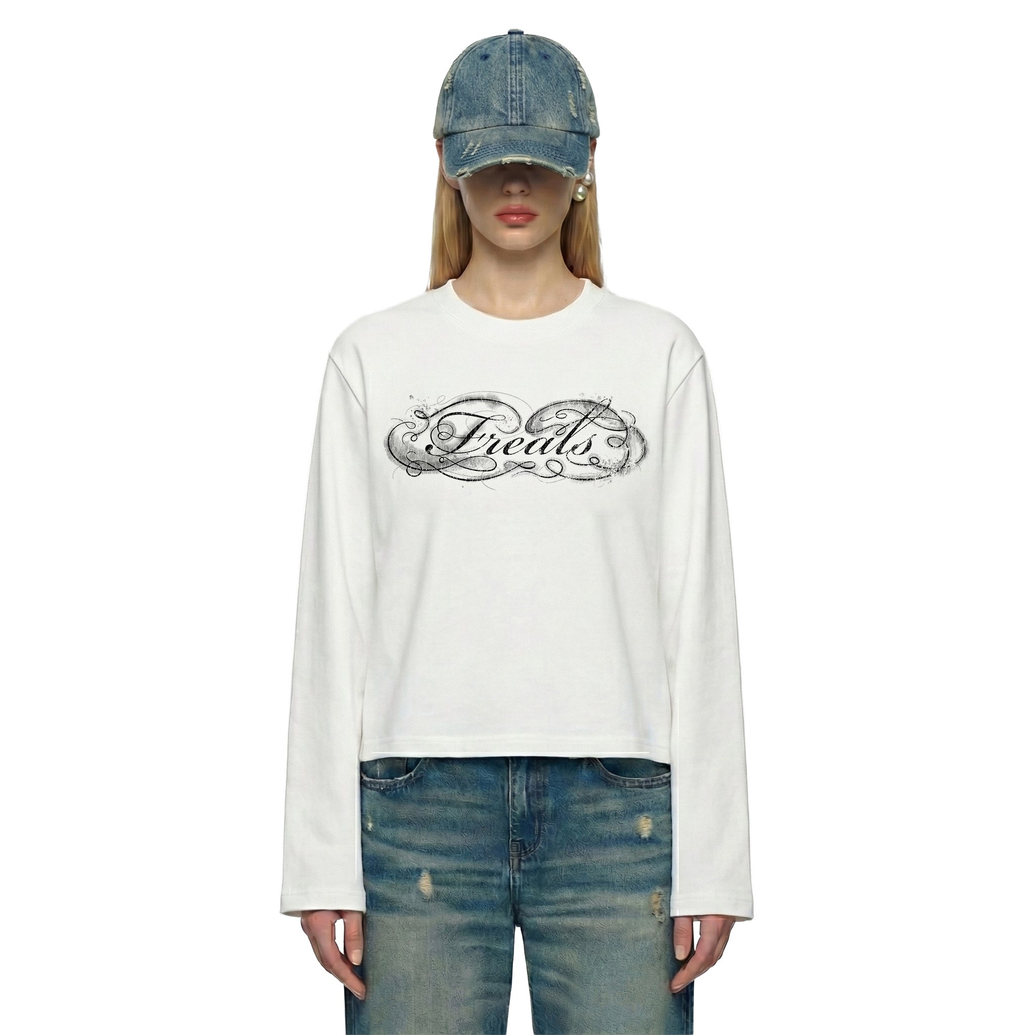 Longsleeve cropped Freals white "Black Script"