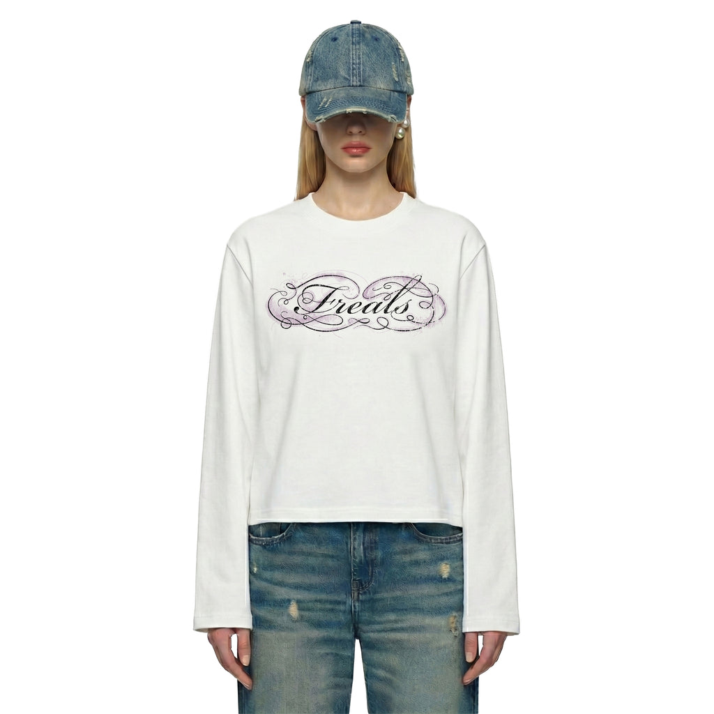 Longsleeve cropped Freals white "Pink Script"